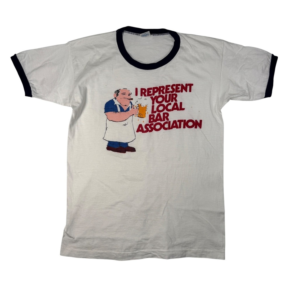 Vintage Champion Ringer Tee Local Bar Association Graphic USA Made Medium Sz 80s